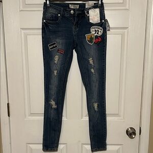 Skinny Dark Blue Patchwork Skinny Jeans with Embroidered Patches